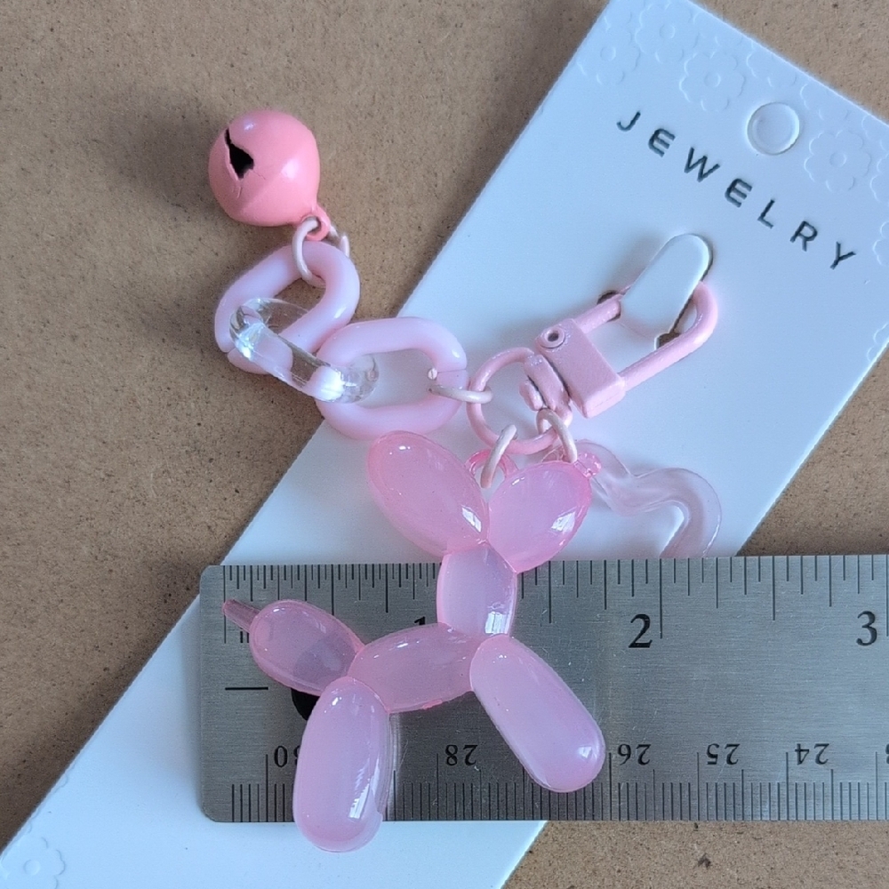 Glossy Pink Balloon Dog Keychain with Bell & Flower Link - Picture 6 of 6